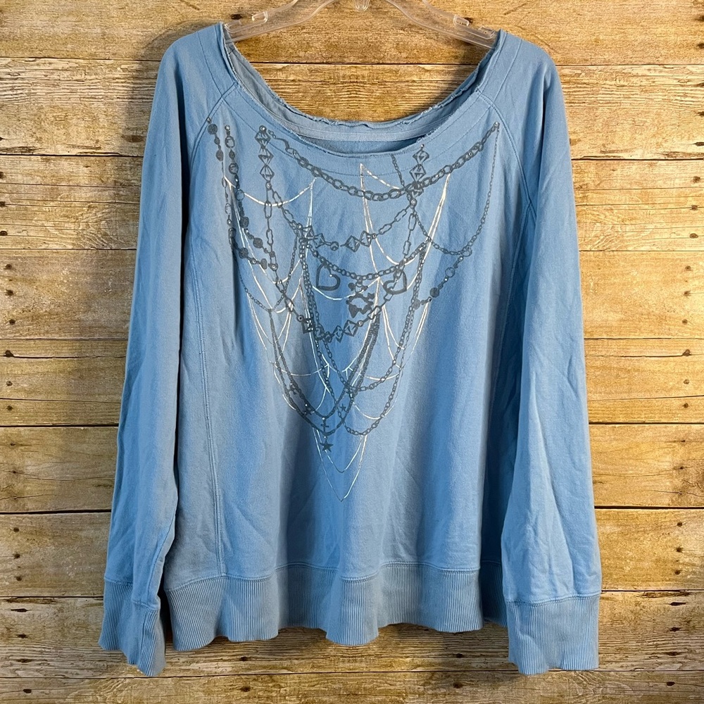 Venezia V-Sport Light Blue Graphic Sweatshirt Pullover Distressed Size 14-16 EUC